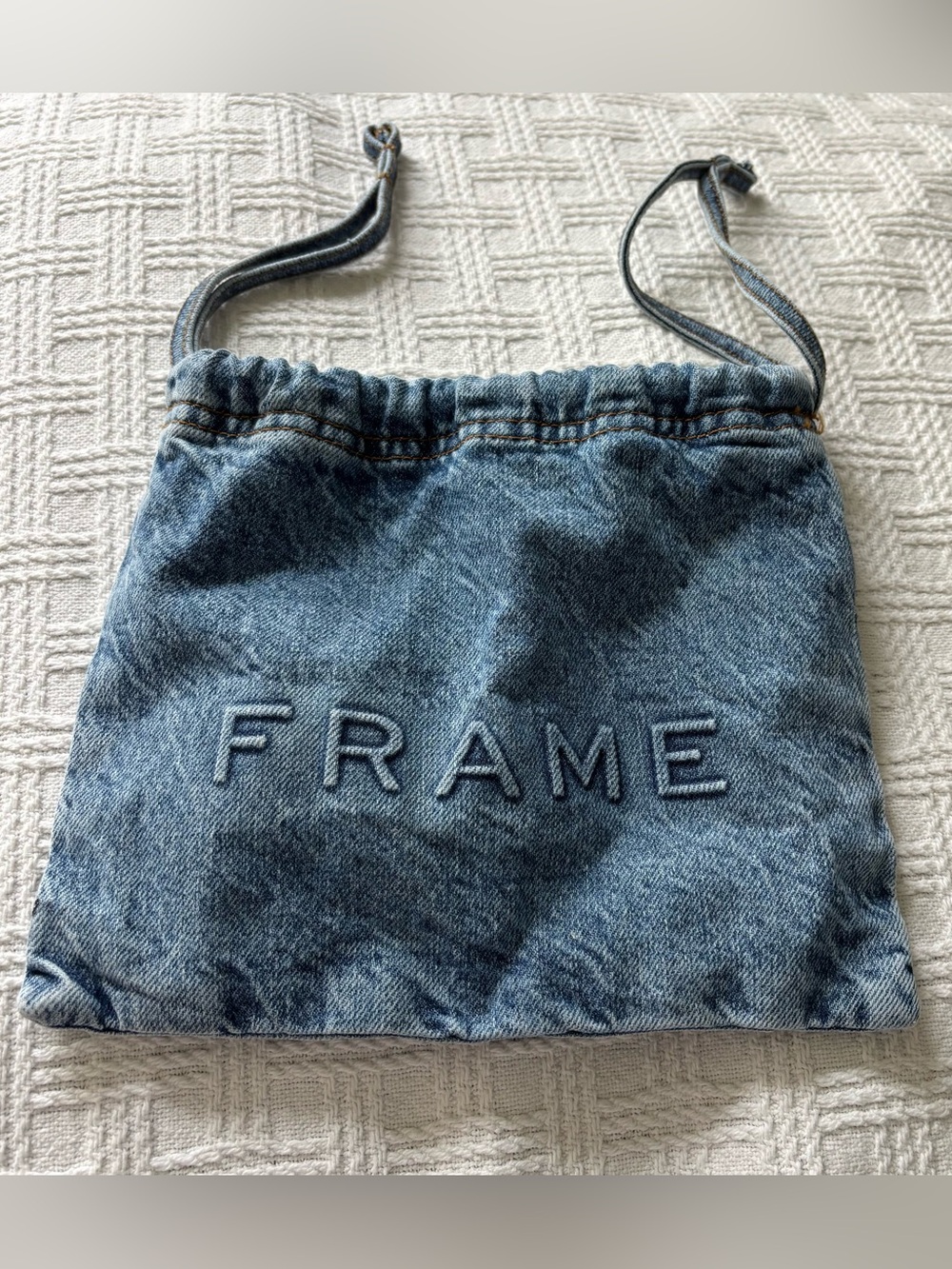 FRAME Denim Drawstring Pouch Bag Embroidered Logo Makeup Cosmetic Case